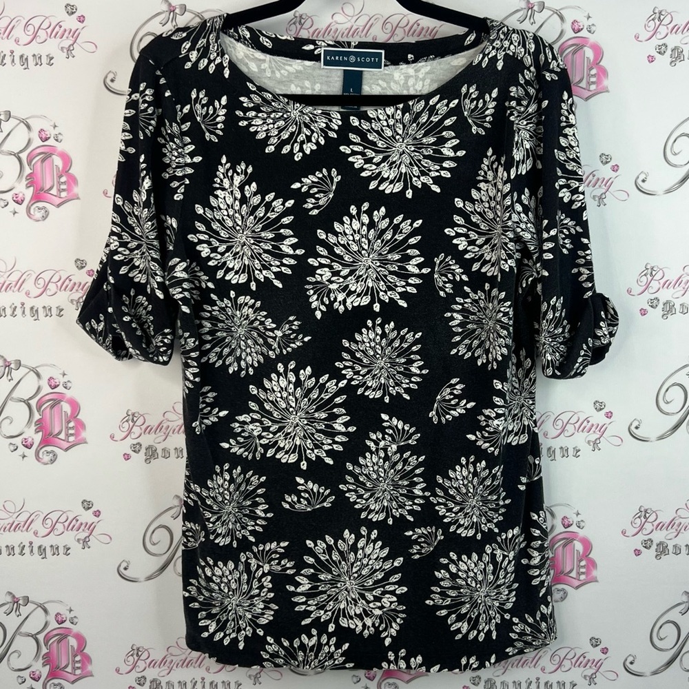 Karen Scott top shirt firework flowers floral Black and White Floral Blouse